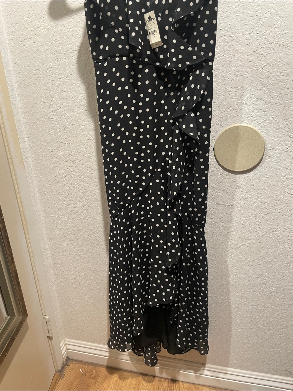 Express Black and White Polka Dot Ruffle Maxi Skirt
